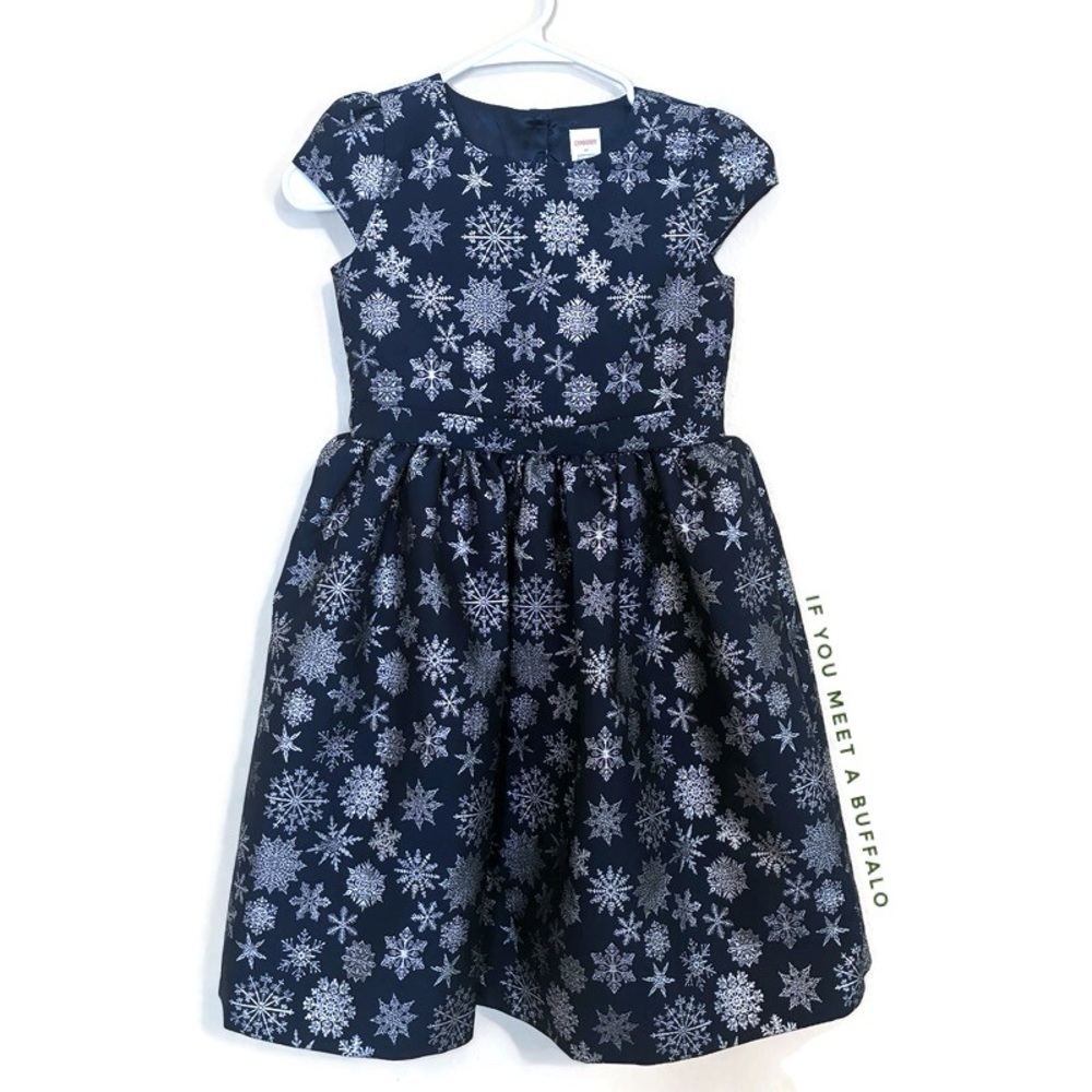 Gymboree Girls 10 Navy Metallic Silver Snowflake Christmas Dress Fit & Flare